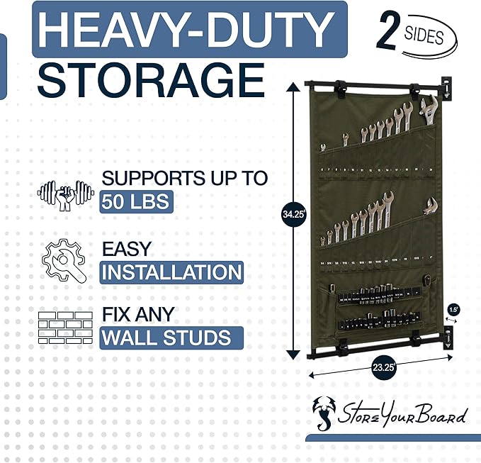 StoreYourBoard Pivot Panel Tool Storage, Swivel Workshop Organizer for Wrenches, Screwdrivers, & Sockets, Metric & Imperial Labeled Slots (High Pine Green)