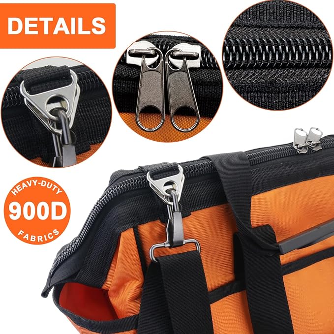 16 Inch Heavy Duty Tool Bag - Molded Plastic Base, Waterproof 900D Oxford Cloth, 16 Pockets Wide Mouth Tool Organizer with Shoulder Strap for Power/Hand Tools (Orange)