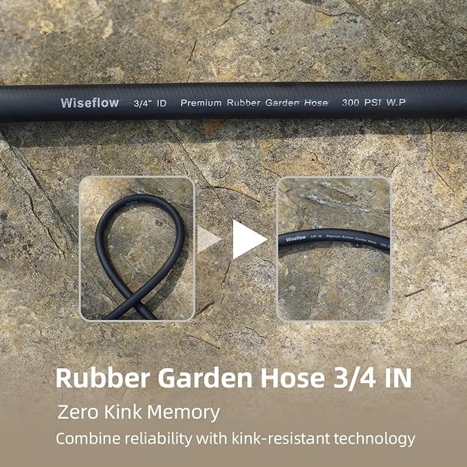WiseFlow Garden Hose 150FT x 3/4", Heavy Duty Rubber Hose, Water Hose with Five Layered Braiding, Male Female Fittings, 1000PSI Burst, 300PSI Working (Black)