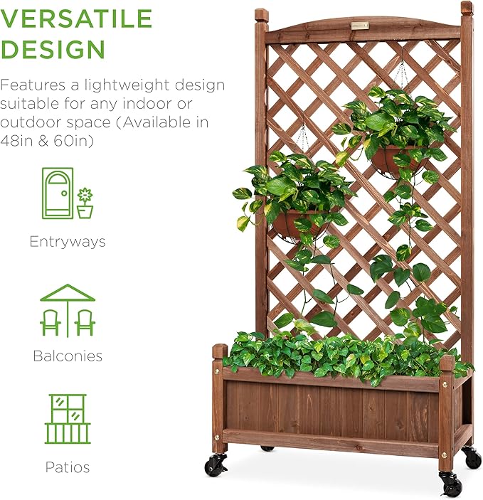 Best Choice Products 60in Wood Planter Box & Diamond Lattice Trellis, Mobile Outdoor Raised Garden Bed for Climbing Plants w/Drainage Holes, Optional Wheels - Walnut