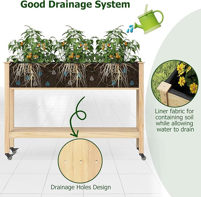 Giantex Mobile Raised Garden Bed, Wood Planter Box with Wheels, Storage Shelf & Liner, 47”x23”x33” Rolling Raised Bed for Indoor Outdoor Plants, Vegetables Flower Herbs Fruit Gardening
