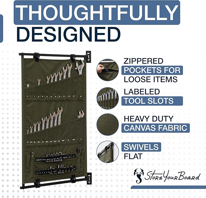 StoreYourBoard Pivot Panel Tool Storage, Swivel Workshop Organizer for Wrenches, Screwdrivers, & Sockets, Metric & Imperial Labeled Slots (High Pine Green)
