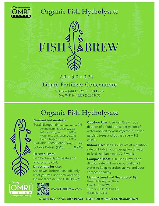 Organic Fish Hydrolysate Fertilizer, 2.0-3.0-0.24 NPK, Liquid Plant Food, Available in 32oz (5-Gallon)