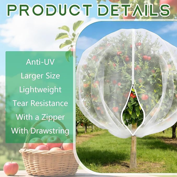 15X15 Feet Large Fruit Tree Netting Garden Netting with Zipper and Drawstring Plant Netting Insect Bird Cover for Fruits Vegetables Tree Garden Shrubs Protection