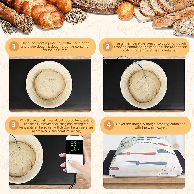 Bunmery Bread Proofing Mat, Sourdough Warming Heating Mat, Sourdough Starter Warmer with Thermostat Temperature Control & Warm Cover, Bread Dough Proofer Heating Pad for Home Kitchen(10.6" x 21.6")