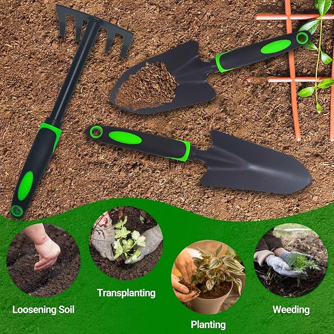Garden Tools Set, 3 Pack Heavy Duty Gardening Kit Including Garden Shovel, Transplant Trowel and Hand Rake, Ideal for Digging, Weeding and Planting