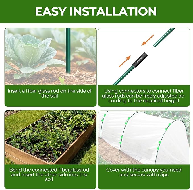 60 Pcs Garden Hoops for Raised Beds, 12 Sets of 8.5 FT Long Garden Hoops, Rust-Free Fiberglass Greenhouse Hoops Grow Tunnel for Netting, DIY Plant Support Garden Stakes for Row Cover