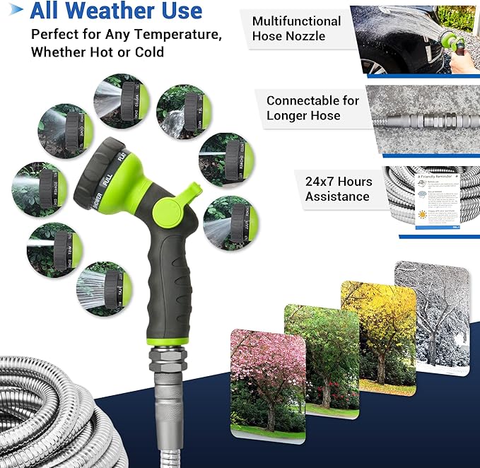 100 FT Stainless Steel Garden Hose – Long Reach 304 Steel Metal Water Hose, No-Kink, Leak-Proof Swivel Fittings, Puncture Resistant, 8-Pattern Nozzle for Large Yards, Driveways, Farm Tasks