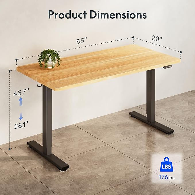FLEXISPOT Electric Adjustable Workbench, 55x28 Inches Ergonomic Worktable with Drawer for Garage, Workshop, Office and Home, Spacious Desktop for Woodworking Sewing and Crafts, Maple, 3 Packages
