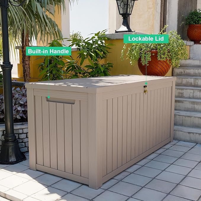 200 Gallon Outdoor Deck Box,Waterproof Resin Outdoor Storage Boxes, Outside Storage Lockable Container for Garden Tools,Indooor Cushions,Accessories (Grey)