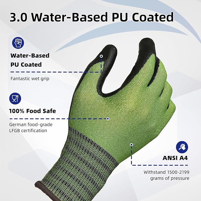Schwer 6 Pairs A4 AIR-SKIN Cut Resistant Work Gloves AR5907 with Extreme Lightweight & Thin, Food Grade Gloves with Water-Based PU Coating, Grip Glove for Fishing, Gardening, Touchscreen, M