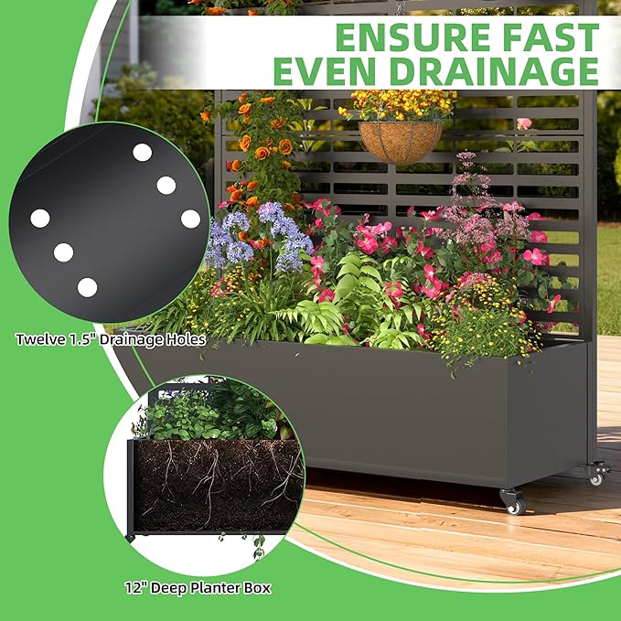 Metal Planter Box with Trellis, 73"x 47"x 16" Raised Garden Bed with Wheels and Drainage Holes, Planter with Trellis for Garden, Balcony and Patio, Black