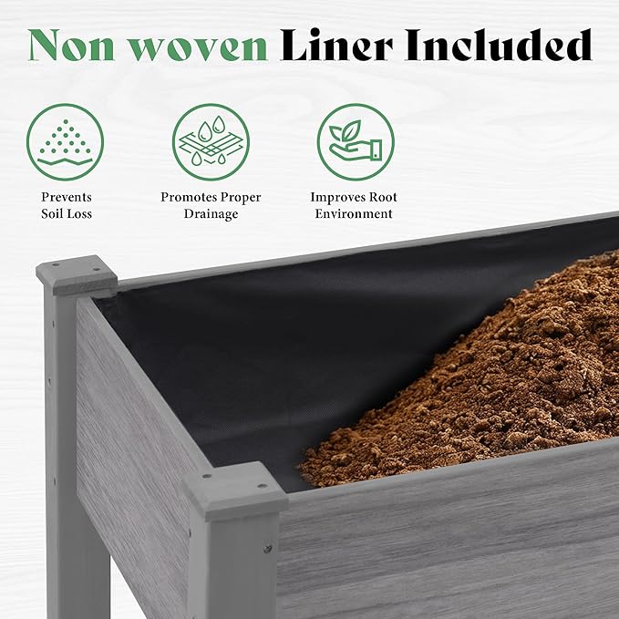 AMERLIFE Raised Garden Bed, 48x30x24 Inches Elevated Wood Planter Box with Bed Liner, Legs, Divider, Drainage Holes, Stand for Backyard, Patio, 200 Lb Capacity - Grey