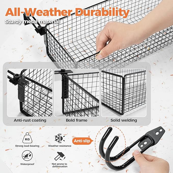 Metal Raised Garden Bed Hanging Storage Basket Includes Hooks, 15.6 x 5.8 x 3.8in Flower Bed Clip-On Hanging Organizer Basket for Raised Garden Beds Kit for Gardening Tools & Supplies