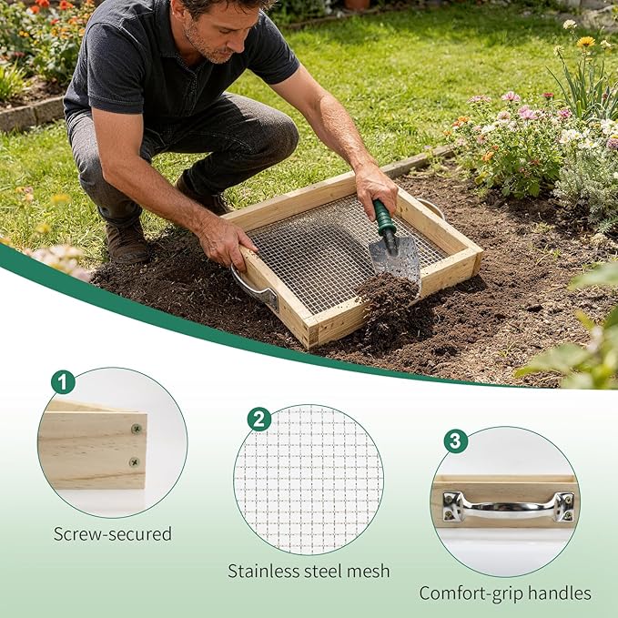 Soil Sifter for Gardening Dirt Sifter with 0.12 inch Metal Wire Mesh Sifting Screen Wood Rocks Sifter with Handle Screen Compost Sifter Garden Essentials（12.5x11.4 in）