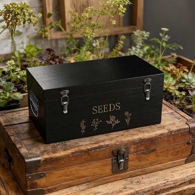 Bamboo Seed Storage Organizer, Large Garden Seed Organizer with Lid & Safety Lock & Handles, Seed Box Includes Seed Envelopes and Labels etc, Great Gifts Gardening Kit (Black)