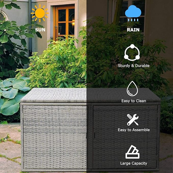 Tangkula Outdoor Wicker Storage Box, Garden Deck Bin with Steel Frame, Rattan Storage Box with Lid, Ideal for Storing Tools, Accessories, 88 Gallon Capacity (Grey)