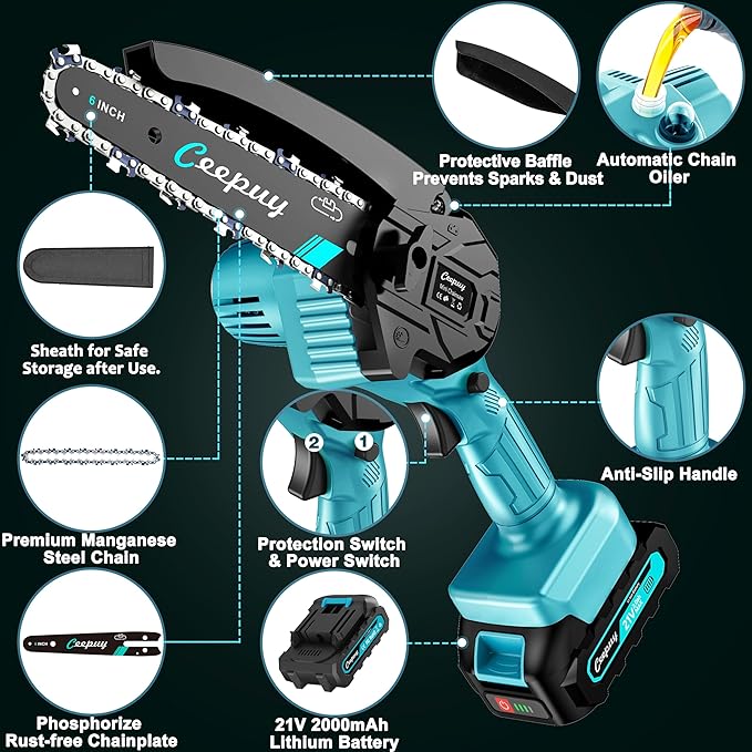 Mini Chainsaw Cordless,6 Inch Portable Electric Chain Saw, Automatic Oiler, Battery Powered Small Handheld Saw, Security Lock Trees Branches Trimming,Wood Cutting, 2 Batteries 2 Chains 2026