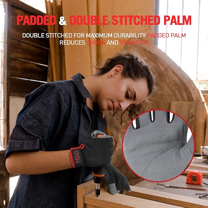 Mens Work Gloves Womens Utility Work Gloves Mechanic Gloves Touch Screen,Durable,Padded Knuckles & Palm Grey M