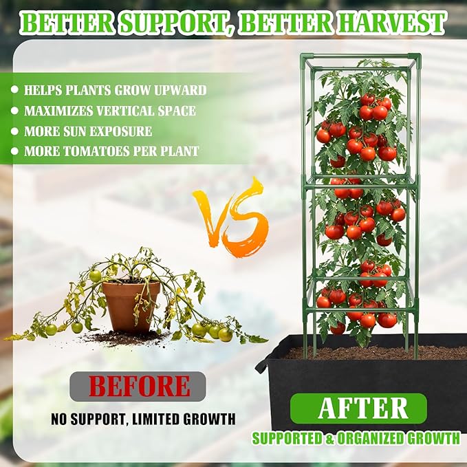 BobbleT Tomato Cages with Fabric Raised Garden Bed - 3 Pack 41" Adjustable Heavy Duty Square Trellis Supports with 86 Gallon Grow Bag, Reusable Outdoor Planter Kit for Tomatoes & Climbing Plants