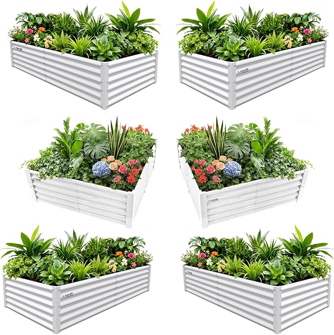 A ANLEOLIFE 6-Piece 18 Inch Tall Antique White Raised Garden Beds Kit, Rectangular & Square Planters for Organized Backyard Gardens