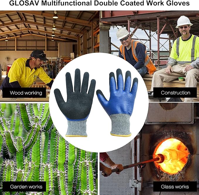 Durable Gardening Gloves for Men, Heavy Duty Nitrile Garden Gloves, Double Coated Work Gloves, Cut Resistant, Puncture Proof, Water Resistant, Touch Screen (Large)