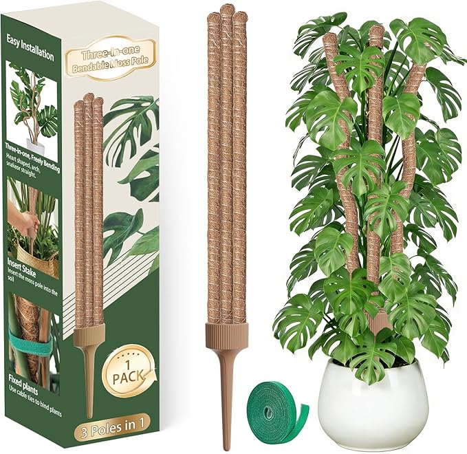 3 Moss Poles in 1, Bendable Monstera Plant Support, 30IN Tall Plant Stakes for Indoor Plants, Coir Pole Plant Support for Climbing Plants, Pothos, Philodendron-1 Pack
