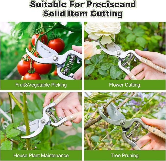 Berry&Bird 8'' Bypass Pruning Shears with Wooden Handle, Curved Blade Garden Hand Pruner, Stainless Steel Scissors Ultra Sharp Clippers for Gardening Trimming Cutting Bonsai Plant Flower & Picking