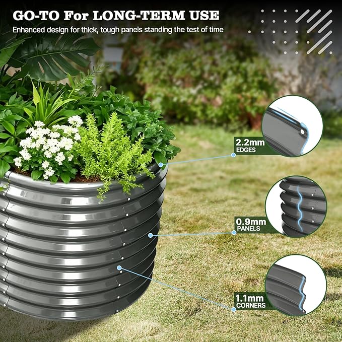 A ANLEOLIFE 6-Piece 30 Inch Extra Tall Galvanized Raised Garden Beds Kit, Large Oval & Round Metal Planters – Ideal for Backyard Vegetables Flowers Herbs, Quartz Grey