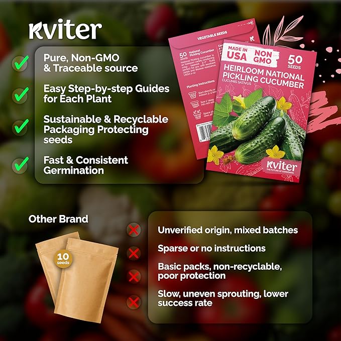 KVITER 50 National Pickling Cucumber Seeds for Planting (Cucumis sativus) - Heirloom Pickling Cucumbers Seed Packets, Non GMO Cucumber Organic - Vegetable Seeds for Home Garden & Containers