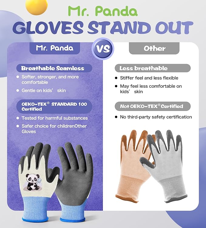 Mr. Panda 3 Pairs Skin-Friendly kids gardening gloves for Age 5-7, Rubber Coated childrens garden gloves, toddler work gloves, XXS