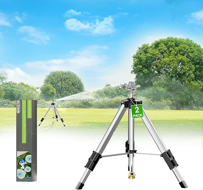 SPECILITE Brass Impact Sprinkler on Tripod Base, 2 Packs, 36” Heavy Duty Metal Pulsating Telescoping, 360 Degree Irrigation for Large Area, Yard, Lawn, Waters up to 70ft, Covering up to 5660sqft