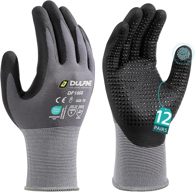 DULFINE Work Gloves for Men and Women,Grey Nylon with MicroFoam Nitrile Coated-12 Pairs Pack, Dots on Palm for Anti-slip and Extra Abrasion Resistant(Extra Large)