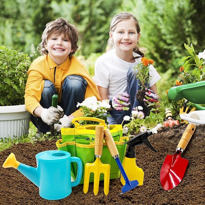 Kids Gardening Tools Set Includes Toddler Gardening Gloves, Sturdy Tote Bag, Watering Can, Shovel, Rake, Trowel, Children Apron, Garden Notebook - Easter Gifts for Toddler