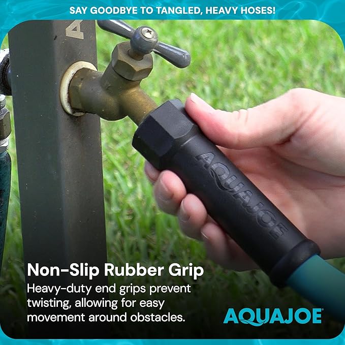 Aqua Joe Garden Water Hose with Dual Swivel Grenade Grips, Kink-Free and Flexible Hybrid Polymer, 50 Ft - Heavy-Duty, Expandable, and Lightweight Watering Tool for Gardening, AJPGH50-PRO