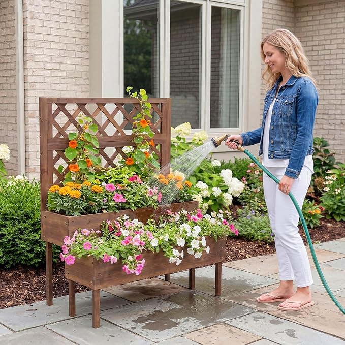 Garvee Raised Garden Bed with Trellis, 2-Tier Outdoor Wooden Elevated Planter Box with Legs & Drainage Holes, Vertical Planter Box Stand for Backyard, Patio, Balcony, Brown