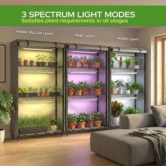 Indoor Greenhouse with Grow Light, 4-Tier Enclosed Plant Stand for Year-Round Indoor Gardening, 600D Oxford Cloth Cover, 6 Sets 3-Color Grow Light, Timer Plug & Hygrometer, 36" Wx 14" D x 63" H