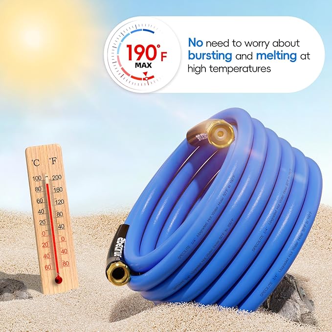 SPECILITE Hot/Cold Garden Water Hose 75 ftx 3/4 in, -50℉ To 190℉, Heavy Duty, Flexible, Burst 605 Psi, Lightweigh, Upgraded Rubber Pipe with 3/4" Brass Fittings For Backyard, Outdoor, Farm, Blue