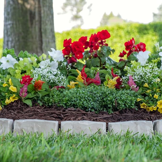EasyFlex No-Dig Landscape Edging with Anchoring Spikes, 2.7 in. Tall Decorative Stone-Look Garden Border, 60 Foot Kit, Brown