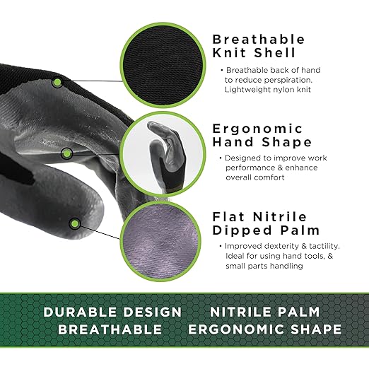 SHOWA Atlas 370B Professional Nitrile Work Gloves, Breathable High-Dexterity Precision Grip for Landscaping, Gardening & Assembly, General Purpose Gloves, Black, Medium, 1-Pair