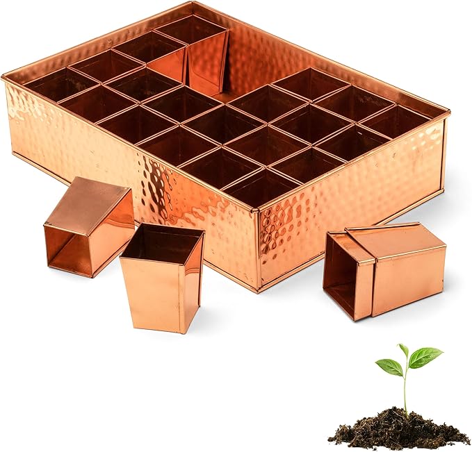 Kings County Tools Seed Starter Tray - Copper Metal Seedling Tray with 24 Tapered Plant Starter Pots for Planting Seeds-Germination Kit for Sprouting - Greenhouse Accessories and Gardening Gifts