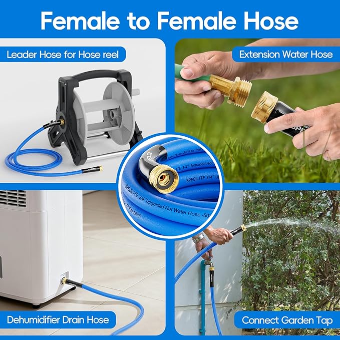PECILITE Female to Female Hot/Cold Garden Water Hose 3 ft x 3/4 Inch for Hose Reel, -50℉To 190℉, Heavy Duty, Flexible, Burst 605 Psi, Rubber Extension Pipe with 3/4" Brass Fittings