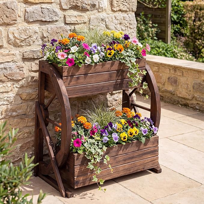 Giantex Wooden Wagon Planter Box, 2 Tier Raised Garden Bed with Drainage Holes, Rustic Wood Planter for Flowers Herbs Vegetables, Indoor Outdoor Patio Garden Balcony