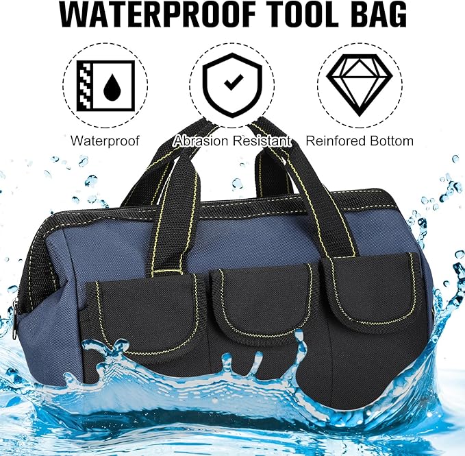 Sanwuta 3 Pack Tool Bag for Men with Waterproof Hard Bottom, Heavy Duty Tool Bag Wide Mouth Tote for Various Instrument, Electrician Carpenter Mechanic(Blue, Red, Yellow,13 Inch,Classic)