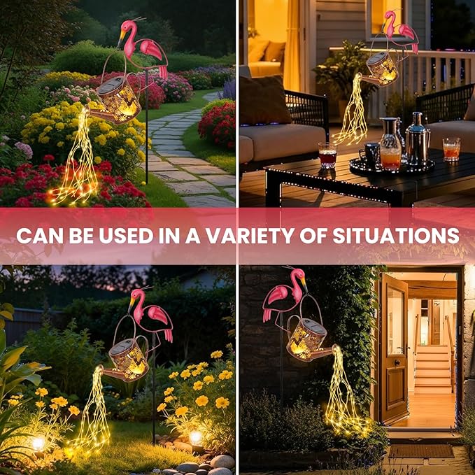 LOVERUIS Garden Statues with Solar Watering Can Lights, Cute Outdoor Garden Decor for Patio Yard Lawn Ornaments, Unique Gift for Women Mom Grandma (Flamingo)