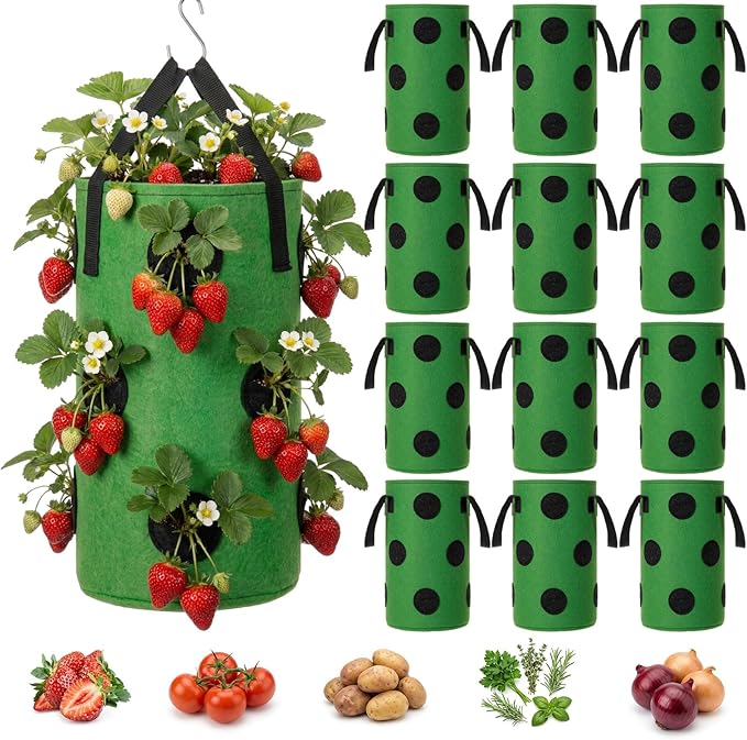 12-Pack Upside Down Grow Bags for Strawberries, Tomatoes & Vegetables - 3 Gallon Hanging Planters with 12 Planting Holes, Dark Green Breathable Fabric Garden Bags for Outdoor Herbs & Fruits