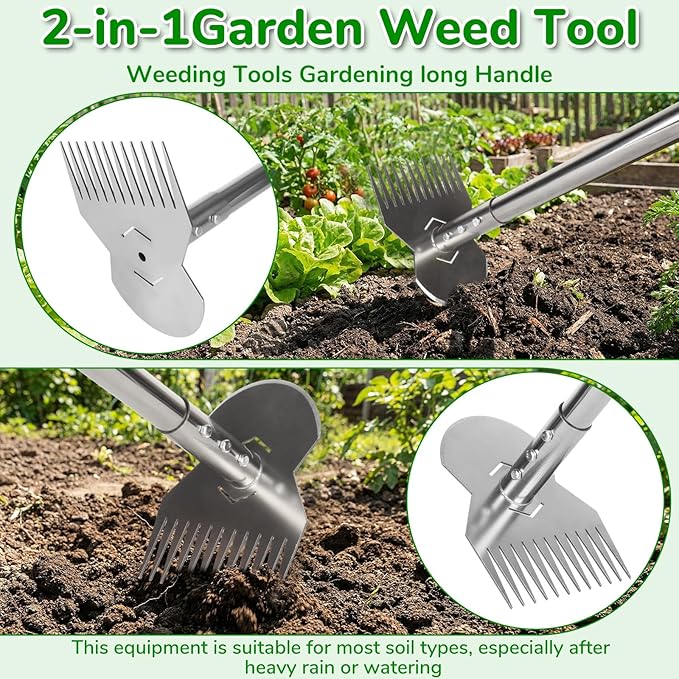 Garden Weed Tool,Portable Gardening Weeder Tool,63" Weeding Tools Gardening Long Handle,Easy Weeding Without Bending or Squatting Down,Suitable for Farm Planting,Gardening(Silver 12 Claws)