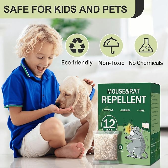 Mouse Repellent Pouches - 12 Pack Extra Strength Peppermint Oil Rodent Deterrent - Natural Indoor & Outdoor Protection for Garage, Storage, RV, Attic & Car - Plant-Based Rat & Squirrel Repeller