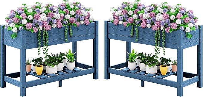 SERWALL Raised Garden Bed with Legs Set of 2, 43"×17"×30" Large HDPE Elevated Planter Box for Vegetables Flower Herb Patio, All Weather Use- Blue