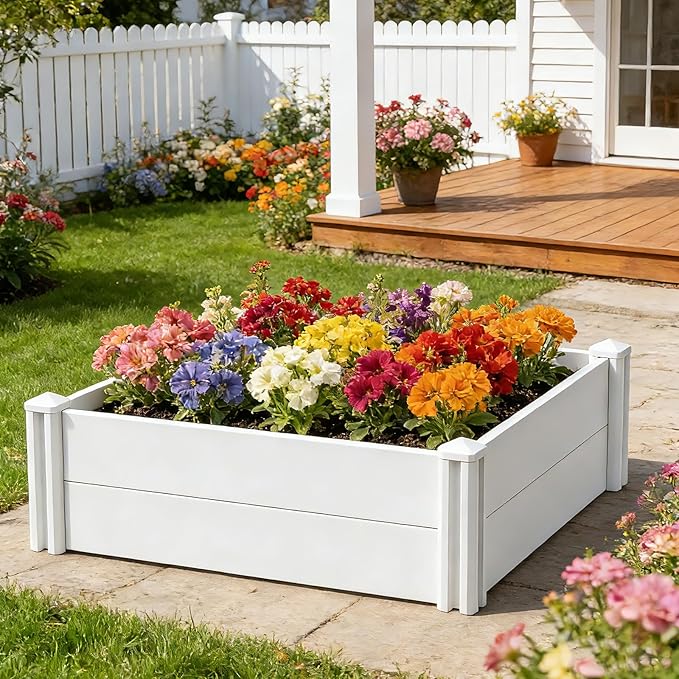 4'x4'x12 White Vinyl Raised Garden Bed Kit | Screwless Modular Planter Box | Outdoor Above Ground Bed for Vegetables, Herbs, Flowers & Whelping Pen